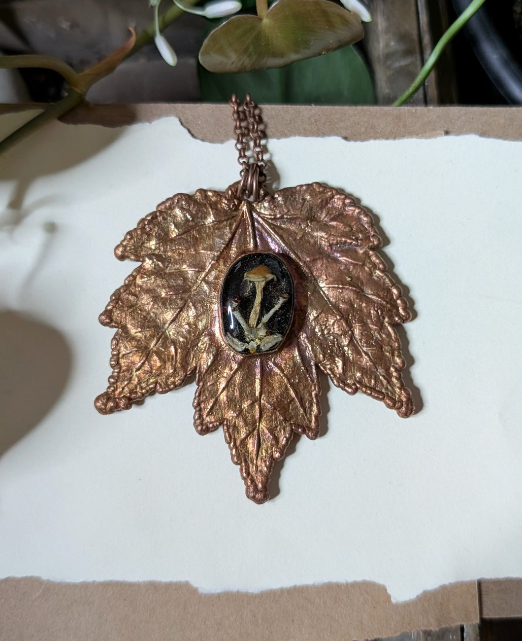 Maple Leaf & Cuphophyllus Mushroom Necklace